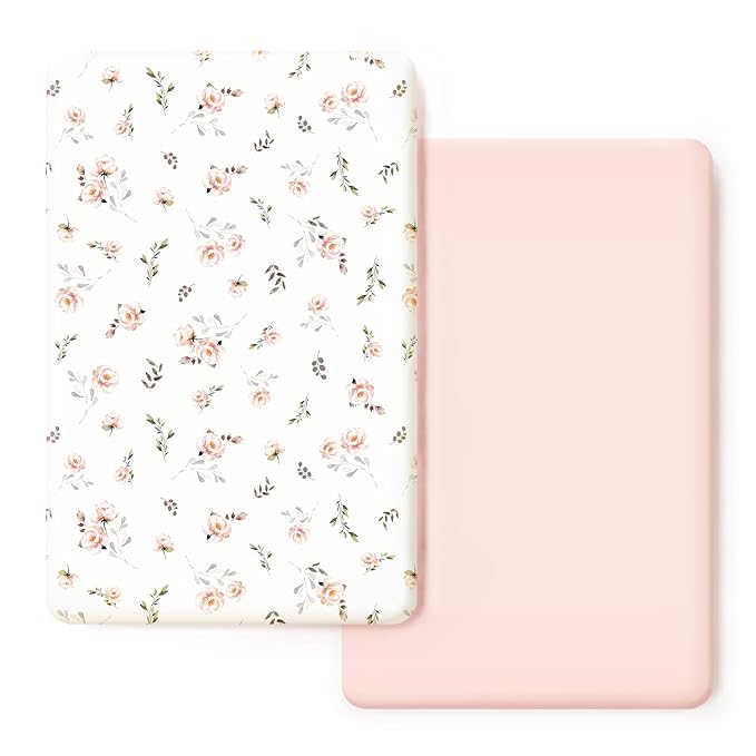 Stretchy Ultra Soft Jersey Knit Fitted Pack n Play Sheets Set 2 Pack, Portable/Mini Crib Sheets for Girls, Universal Fit for Pack N Plays Safe and Snug, Pink Rose Print