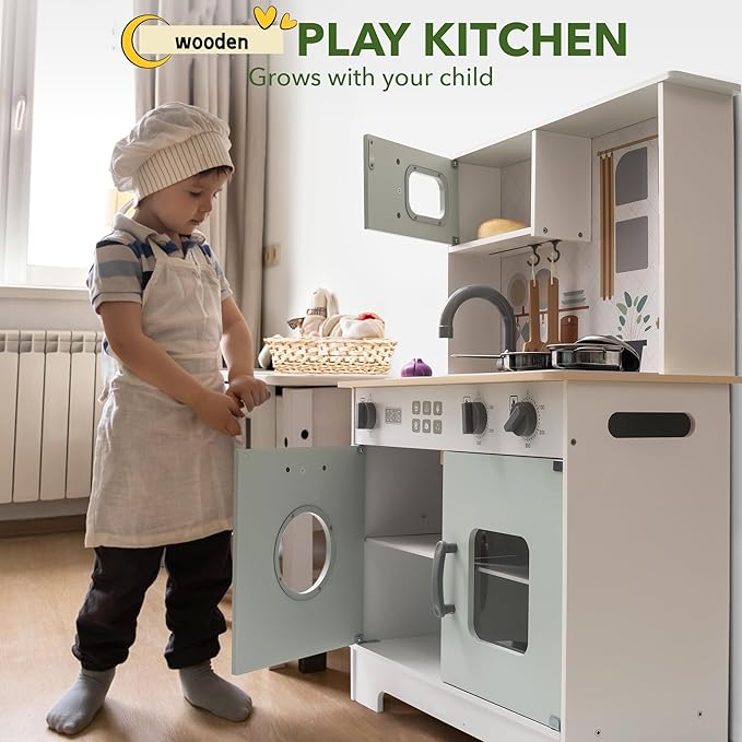 ROBOTIME Play Kitchen Set for Kids Toddlers, Wooden Kids Play Kitchen Playset with Real Lights & Sounds, Pretend Toddler Kitchen Gift for Girls Boys Age 3+