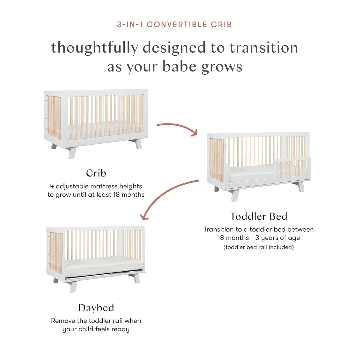 Babyletto Hudson 3-in-1 Convertible Baby Crib with Wooden Toddler Bed & Daybed Conversion - Easy to Assemble & GREENGUARD Gold Certified - 4 Adjustable Mattress Heights - White & Washed Natural