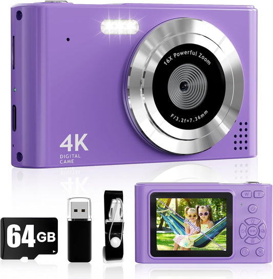 Digital Camera, Kids Camera1080P, Vlog Camera with 64GB Card, 16X Zoom Anti Shake, Card Reader, 44MP Compact Portable Small Point Shoot Digicam Gift for Kid Student Children Teen Girl Boy(Pruple)