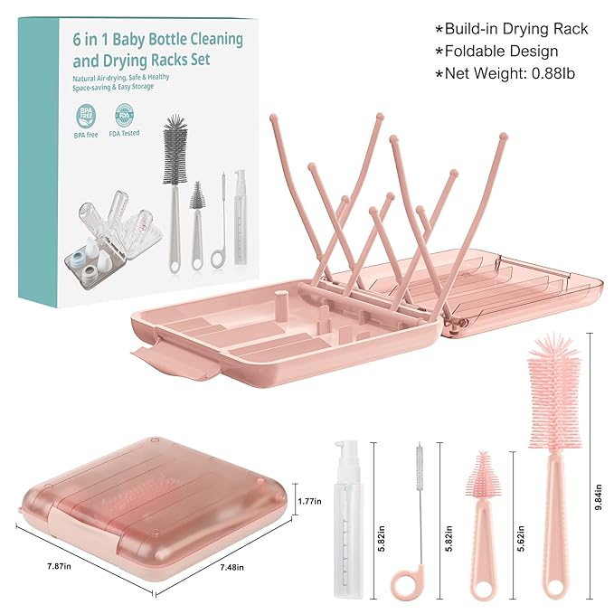 Baby Bottle Brush Set-6 in 1 Bottle Brush Cleaner with Silicone Bottle Brush,Drying Rack,Nipple Brush,Straw Brush,Soap Dispenser&Storage Box-Baby Essentials Gifts for Home&Travel(Pink)