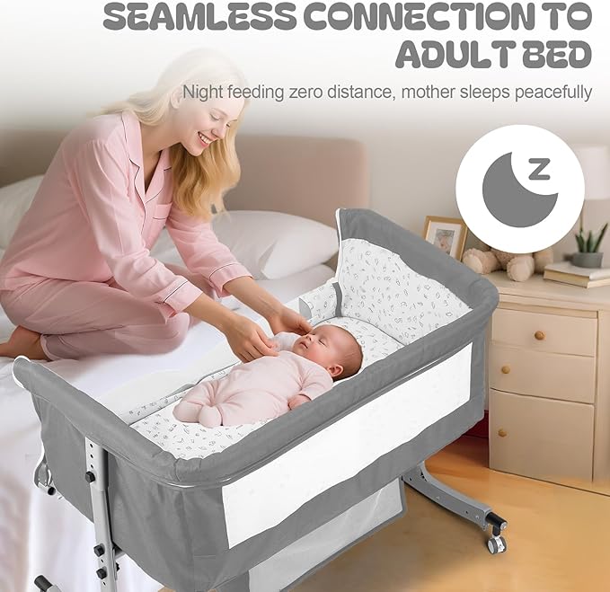 Baby Bassinet Bedside Crib 4-in-1 with Changing Table, 6 Height Adjustable Baby Crib with Mosquito Net & Storage Basket, Portable Cradle Bassinet for Newborn Infant (Grey)