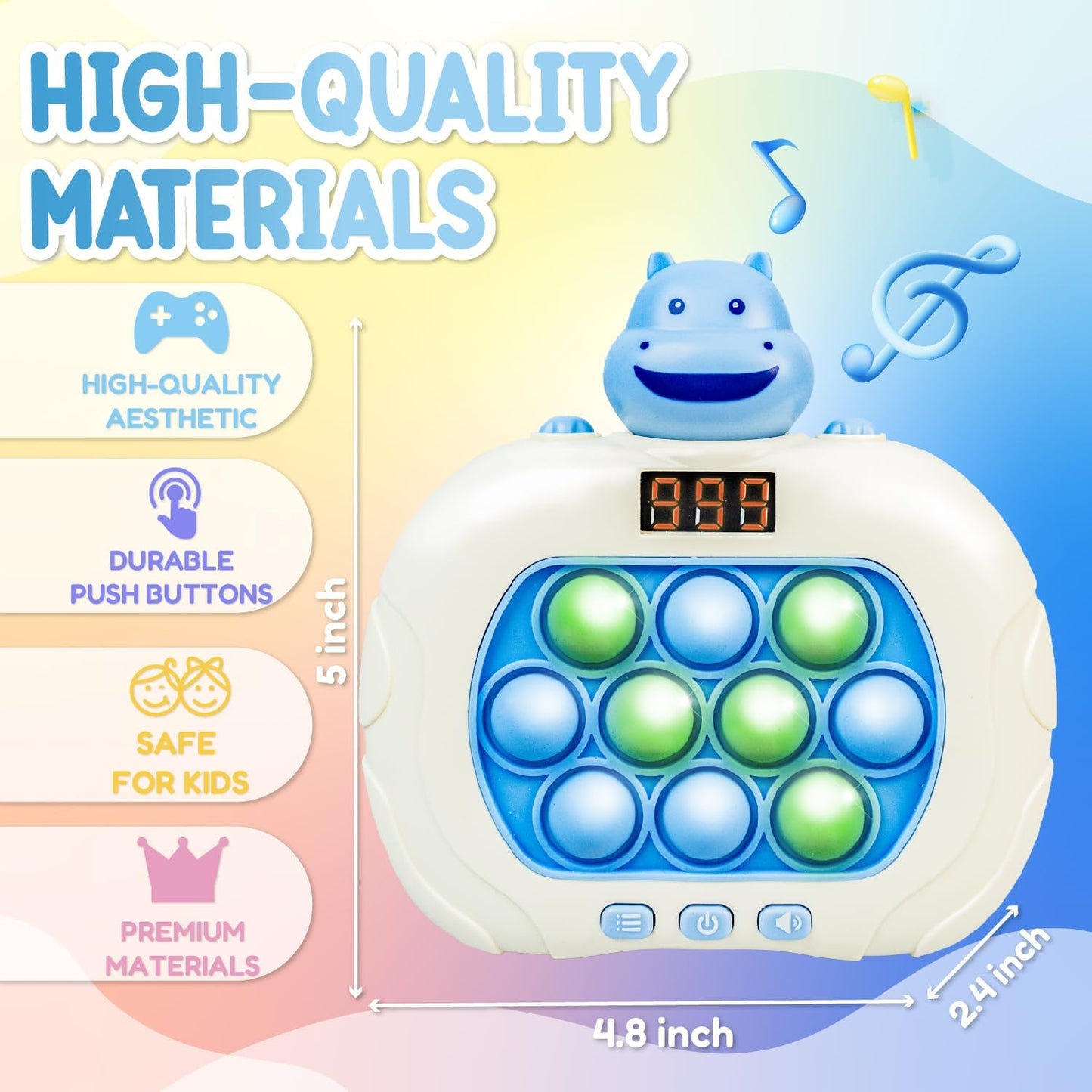 Marlo & Buzz Fast Push Game Toy with Popit Game Controller, Pop Fidget Animal with LED Screen - Sensory and Memory Console, Quick Bubble Light Toy, Pocket Games (Hippo)