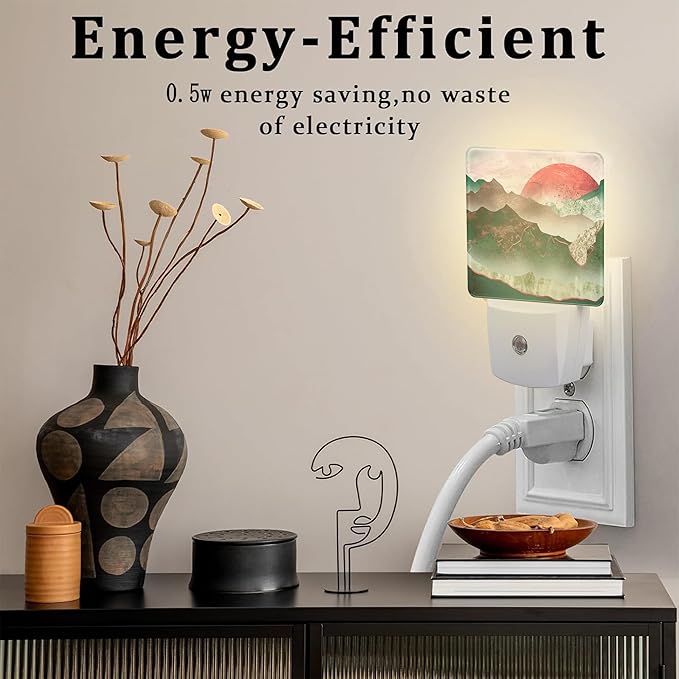 Green Mountain with Red Moon Night Light for Kids,Abstract Natural Landscape Painting Night Light Plug in with Dusk to Dawn Sensor,0.5w Energy Saving Nightlight for Hallway Stairway Kitchen Bedroom