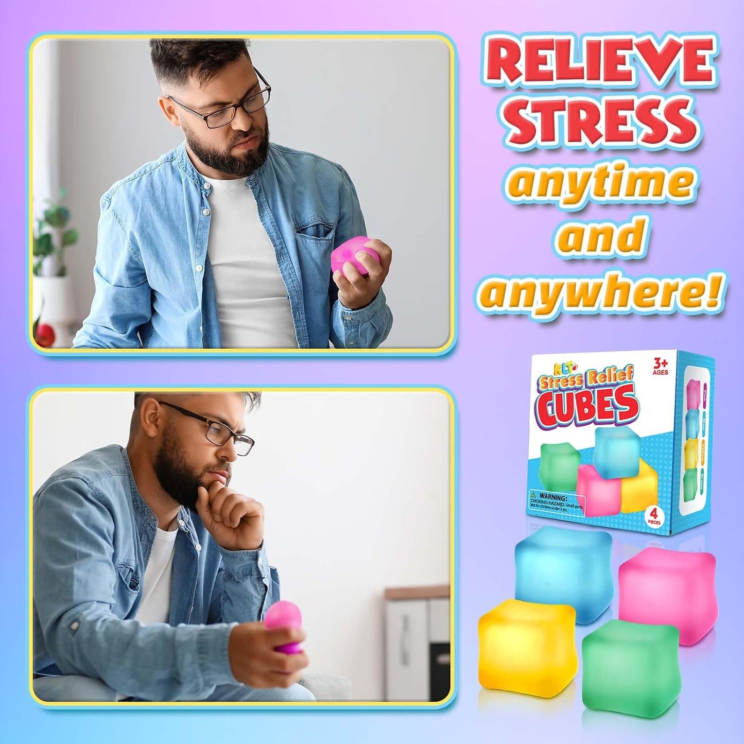 Fidget Toys Stress Cube for Adults 4 Pack: Gel Filled Squishy Toys for Kids - High Density Squeeze Balls for Students Calming - Fidget Squishy Toys for Anxiety