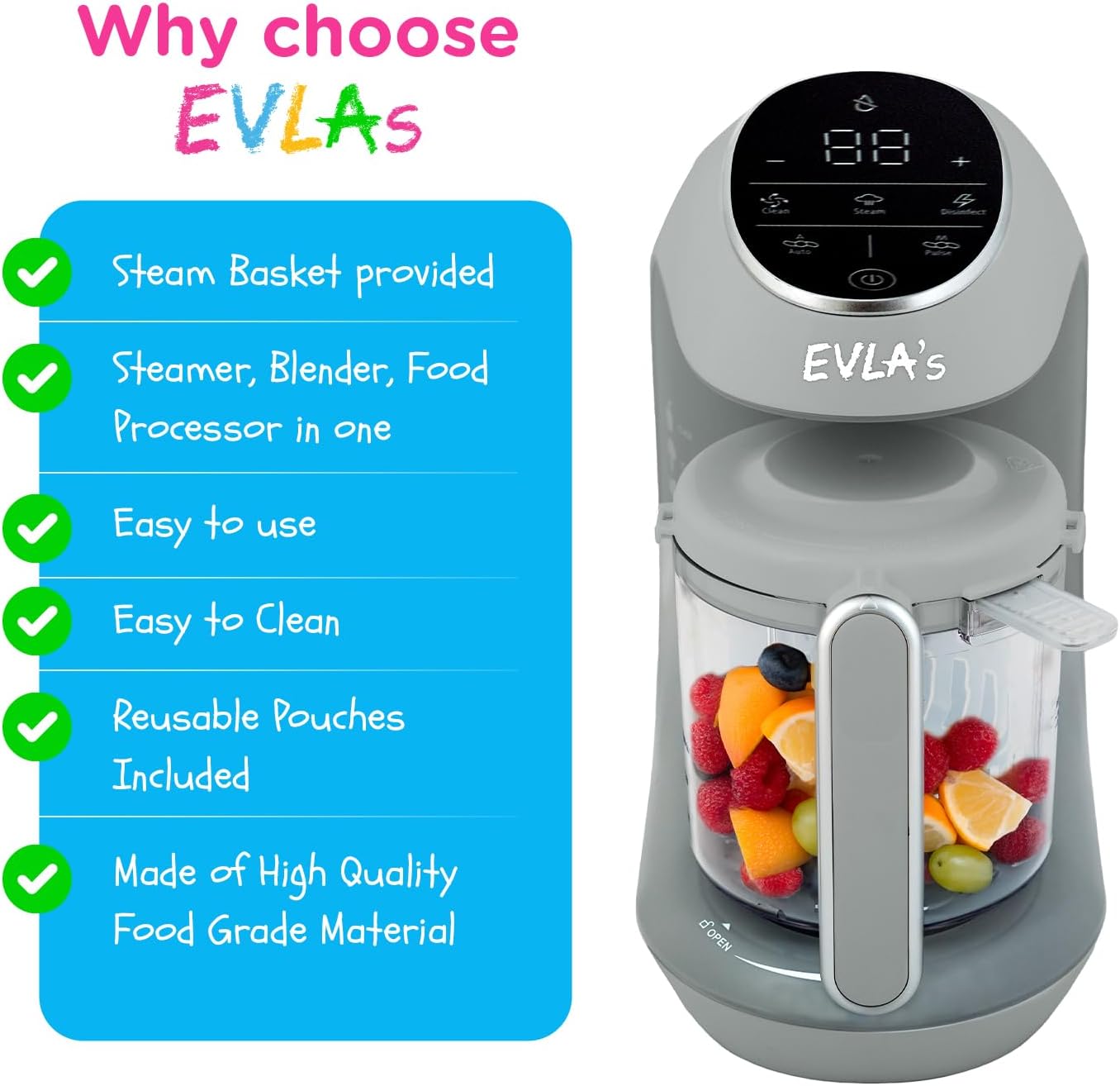 EVLA'S Baby Food Maker, Steamer, Blender, Baby Food Processor for Healthy Homemade Baby Food in Minutes, Touch Screen with 6 Reusable Food Pouches, Baby Registry Essential, Grey