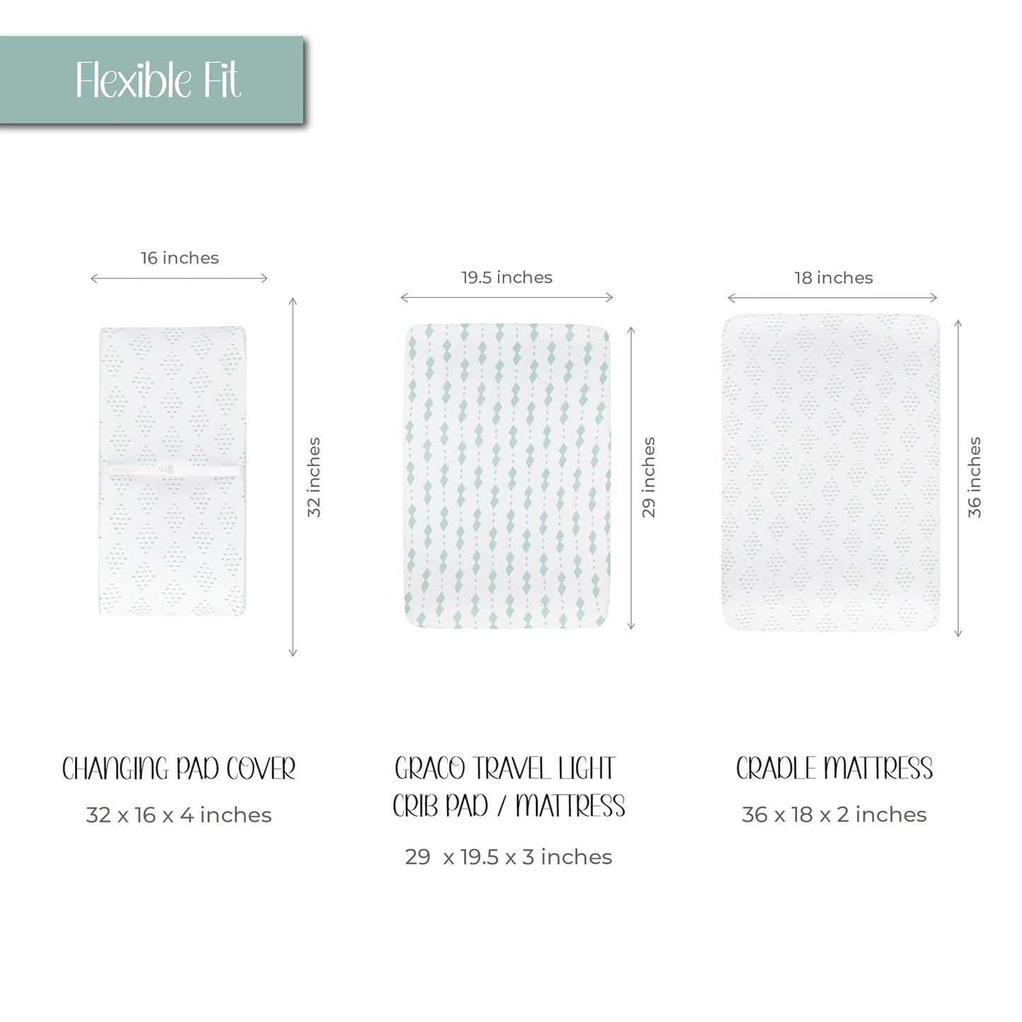 Changing Pad Cover - Cradle Sheets Fits Baby Mattress Sheet 36" X 18 - Unisex Grey Sage Diamond - 2 Pack Set