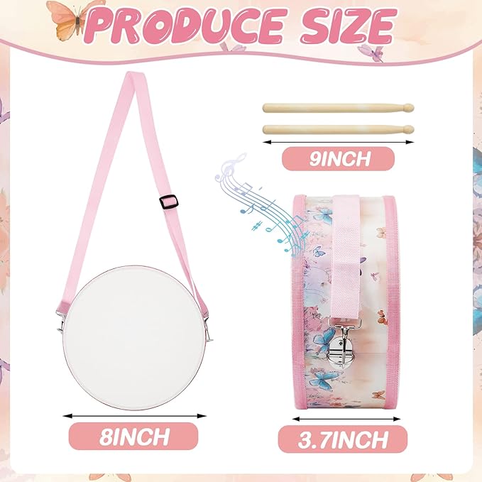 Boao 1 PC Kids Drum Set, 8 Inch Toddler Drum Wooden Toy with Adjustable Strap and 2 Drumsticks, Educational Sensory Musical Instrument for Toddlers Kid Baby Boys Girls Gift(Butterfly)