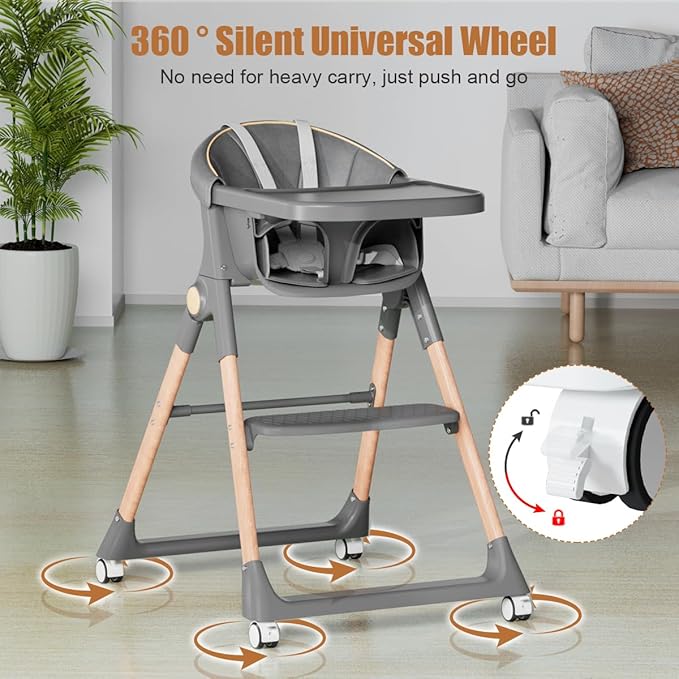 Baby High Chair, High Chairs for Babies and Toddlers, Convertible Folding High Chair with Wheels, Removable Tray 5 Point Harness Footrest Detachable PU Cushion, Portable Highchair for Baby Toddlers
