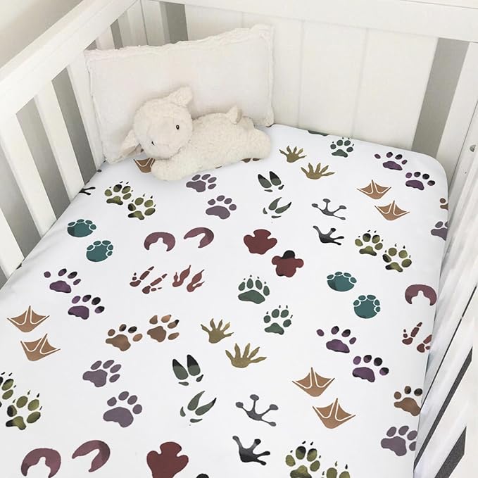 Cute Animals Tracks Baby Crib Sheets 52''x28'' Animals Footprint Snug Fitted Crib Mattress Cover for Boy Girl Wild Animals Soft Baby Bed Sheets for Standard Crib and Toddler Mattresses