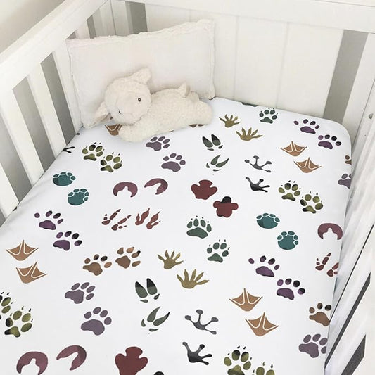 Cute Animals Tracks Baby Crib Sheets 52''x28'' Animals Footprint Snug Fitted Crib Mattress Cover for Boy Girl Wild Animals Soft Baby Bed Sheets for Standard Crib and Toddler Mattresses