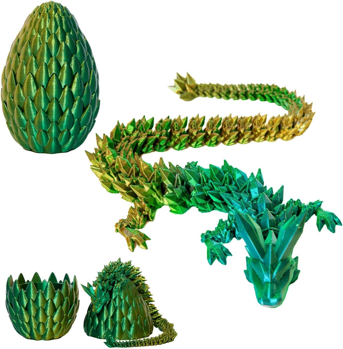 Dragon Eggs with Dragon Inside, 12In Laser Gold Green 3D Printed Dragon Egg Fidget Toy, Executive Desk Articulated Dragon Toy, Home Office Decor