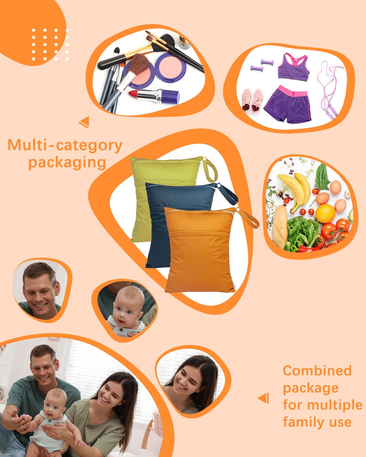 babygoal Wet Dry Bags 3 Pack for Baby Cloth Diapers, Washable Travel Bags, Beach, Pool, Gym Bag for Swimsuits & Wet Clothes with Two Zippered Pockets 3LN29