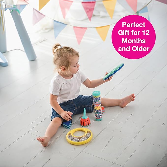 Edushape Classic Tambourine for Kids, Yellow - Percussion Musical Instrument Baby Tambourine for Toddlers 1-3, Kids Tambourine Fun Tummy Time, Fine Motor, Auditory and Visual Sensory Development