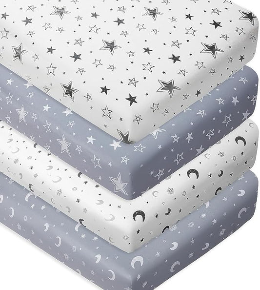 4 Pack Star and Moon Neutral Unisex Fitted Baby Sheets Set for Baby Boys or Girls (Crib Sheets)