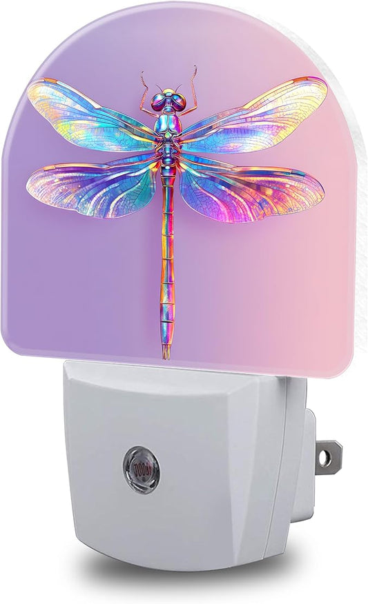 Night Light, Colorful Dragonfly Night Lights Plug into Wall Dusk to Dawn Sensor Round Nightlight for Women Men Energy Efficient Led Lamp 0.5W for Stairway Hallway Bedroom