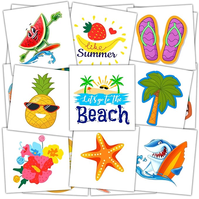 JCFIRE Summer Pool Beach Party Favors Kids Tattoos, 102 Styles Larger Tropical Hawaiian Luau Themed Temporary Tattoos for Kids Teens Adult, Waterproof Summer Stickers Party Decorations Supplies