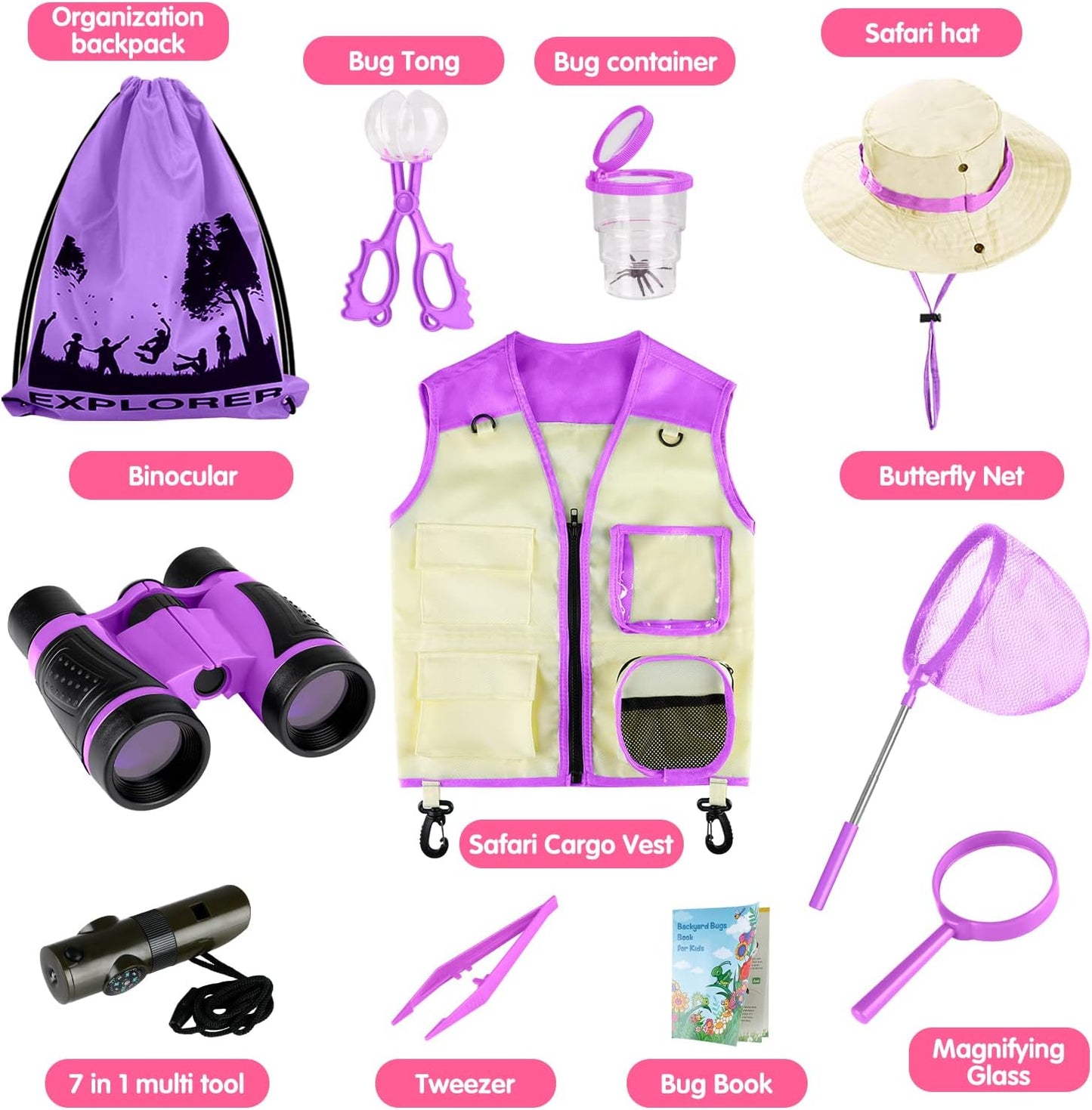 INNOCHEER Explorer Kit & Bug Catcher Kit for Kids Outdoor Exploration for Boys Girls 3-12 Years Old (Purple)