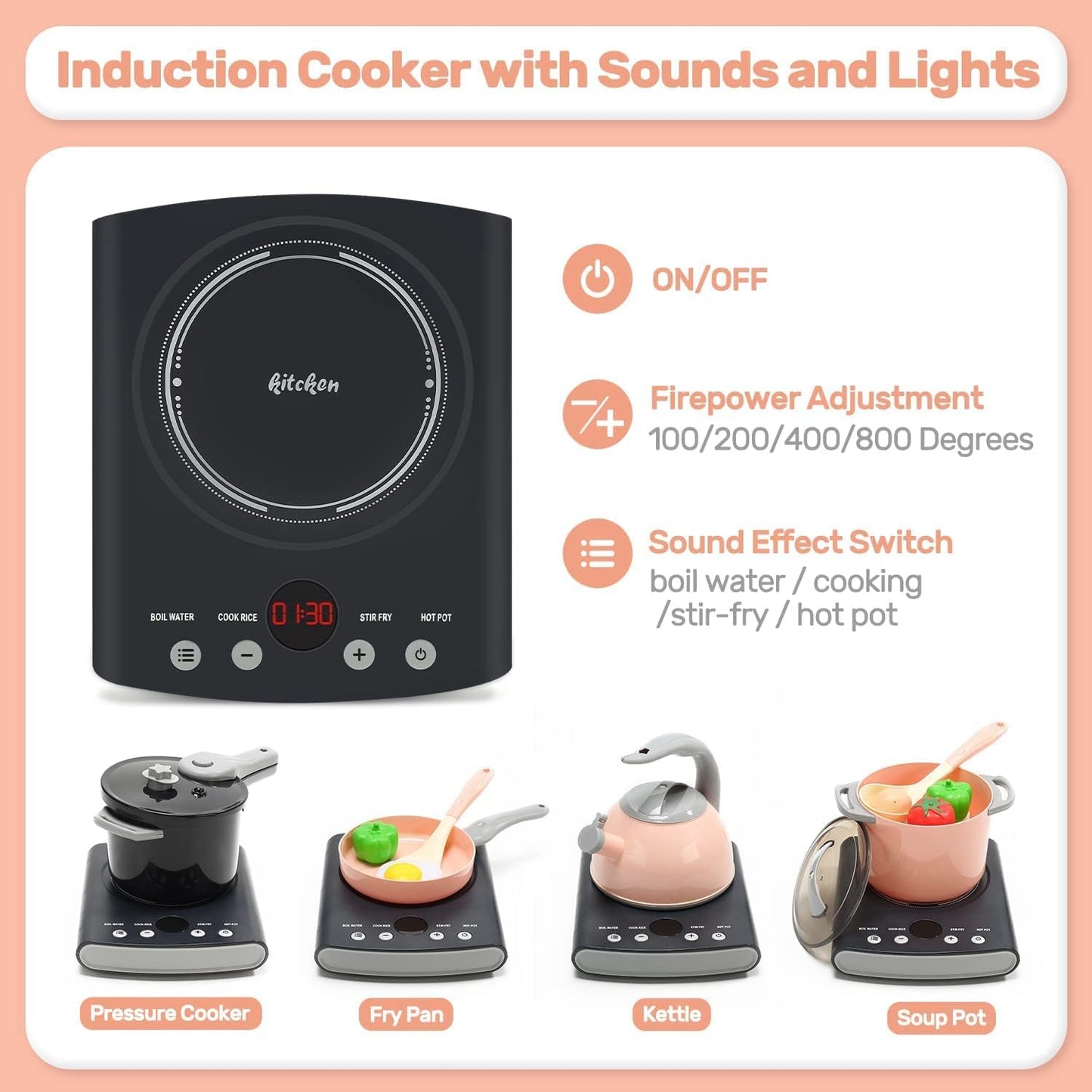 CUTE STONE Play Kitchen Accessories Set, Kids Cooking Toys Set with Play Pots and Pans, Electronic Induction Cooktop with Sound and Light, Cookware Utensils Kids Kitchen Set Kitchen Toys for Kids