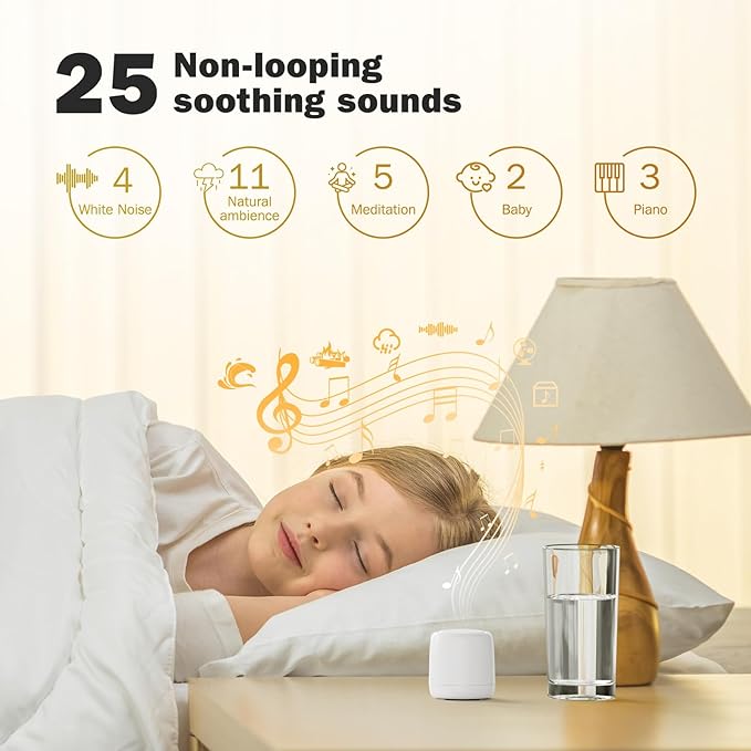 White Noise Machine | Paussion Long-Lasting Fast Charging Portable Travel Mini Sound Machine with 25 Soothing Sounds for Adults, Kids, and Babies | Auto Timer, Travel, Sleep, Baby, Fan - White