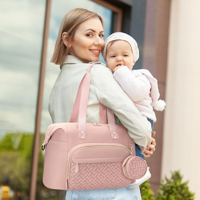 Diaper Bag Tote, Baby Bag Travel Diaper Tote Bag with Pacifier Case, Cute Maternity Hospital Baby Stylish Diaper Tote for Mom Dad Pink