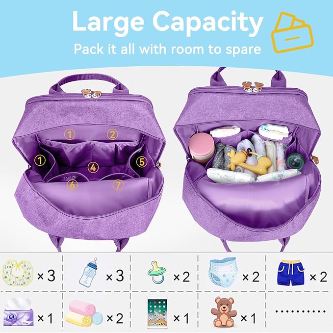 LANDICI Diaper Bag Backpack, Multifunction Baby Diaper Bags with Changing Pad, Stroller Straps & Pacifier Case, Travel Essentials Back Pack for Mom Dad Boy Girl, Large Capacity, Waterproof, Lavender