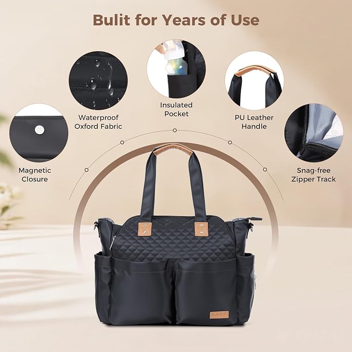 Lekebaby Diaper Bag Tote, Large Diaper Bags Waterproof,Large Mommy Bag Tote Bag Handbag Pink Travel, Black and Beige