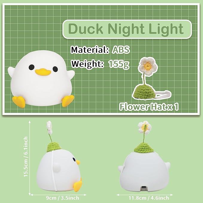 Attivolife Cute Duck Night Light, Animal Soft Silicone LED Lamp with Dimmable and Timer, Portable USB Rechargeable Bedroom Bedside Table Decor, Birthday Christmas Gifts for Girl Boy (Flower Hat)