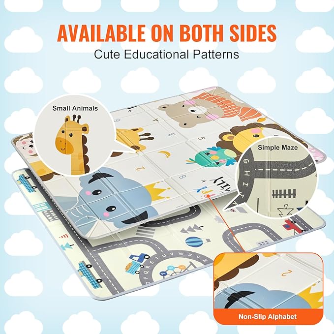 VEVOR Baby Play Mat, 55"" x71 Baby Crawling Mat, Non-Slip One-Piece Foam Baby Playmat, Foldable Portable Reversible Floor Mat with Travel Bag, Waterproof Activity Playmats for Babies, Toddlers, Infan