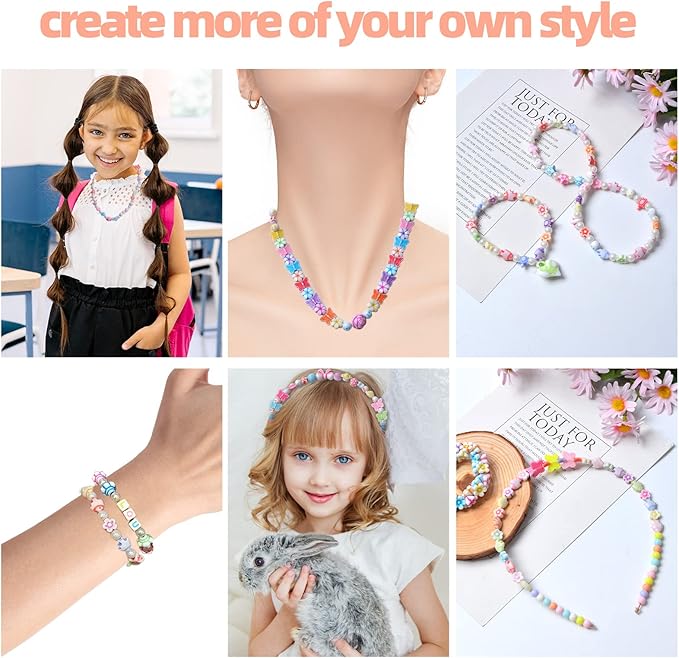 Kids DIY Bead Jewelry Making Kit, Beads for Girls Toys Bead Art and Craft Kits DIY Bracelets Necklace Hairband and Rings Toy for Age 4 5 6 7 8 9 10 11 Year Old Girl Gifts
