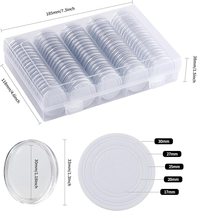 100Pcs 30mm Coin Holders with 5-Size Foam Gasket, Plastic Coin Capsules for Collectors, Clear Coin Case with Storage Organizer Box for Coin Collection Supplies, White Gasket 17/20/25/27/30mm
