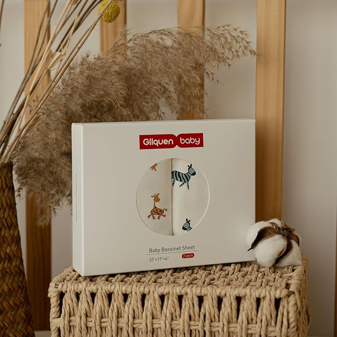 Gllquen Baby Bassinet Sheets 2 Pack, 100% Organic Cotton Bassinet Fitted Sheets for Girls Boys, Soft & Breathable Unisex Baby Mattress Sheet for Standard Bassinets 33"x17"(Yellow)