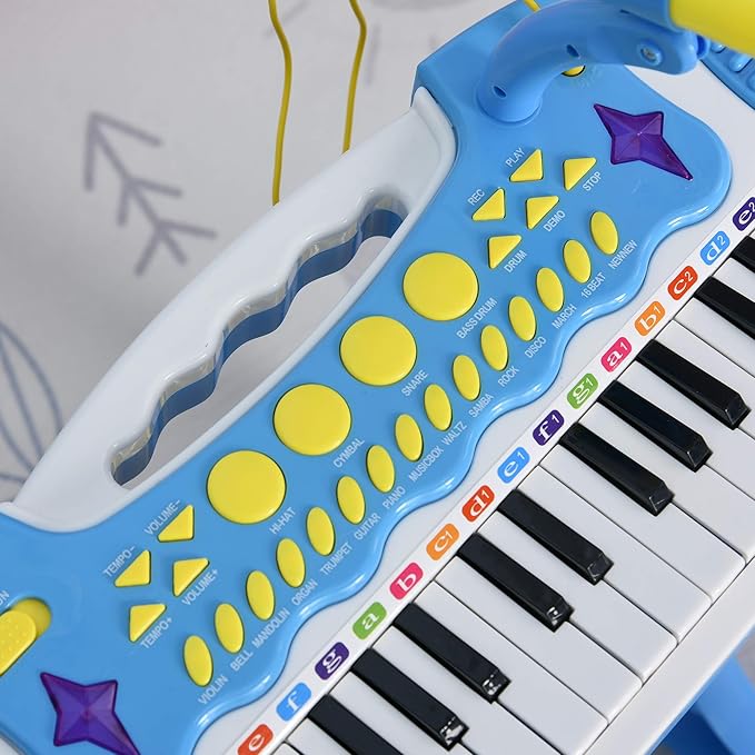 Qaba 31-Key Kids Toy Keyboard Piano, Electronic Musical Instrument with Multiple Sounds, Stool, Microphone and Bright Flashing Lights, Blue