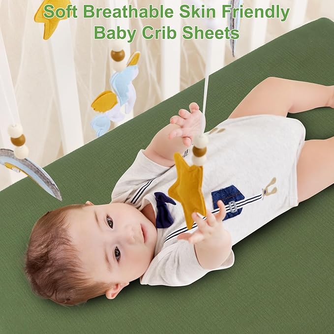 Muslin Mini Crib Sheets for Girls & Boys-2 Pack 24"x 38" Soft Baby Mattress Sheets Fitted-No Slip Neutral Toddler Cotton Bedding-Boho Nursery Décor Olive Green & Beige