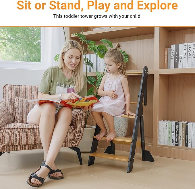 COSYLAND Foldable Toddler Kitchen Stool Helper - Height Adjustable Standing Tower for Bathroom Sink or Kitchen Counter - Step Stool for Toddlers Ages 18 Months to 6 Years Black