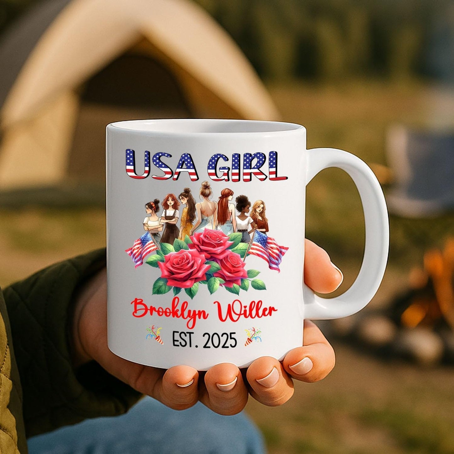 Customized USA Girl Coffee Cup Gift For Women Mom Sister US Citizenship, Lovely American Girl White Coffee Mug, Personalized Name And Year On American Citizen Mug, Citizenship Celebration Cup 11 15Oz