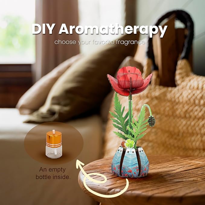 Jege 3D Flowers Wooden Puzzles for Adults,DIY Wooden 2 Flowers per Kit Building Set for Home Decor, Creative Craft Gift Toys Kits with 2 Perfume Bottles and Diffuser Sticks (Rose + Corn Poppy)