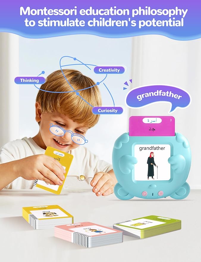 Arabic and English Talking Flash Cards for Toddlers, 510 Sight Words Bilingual Learning Toys for Children, Autism Pocket Speech Therapy Toys, Arabic Vocabulary Educational Flashcards
