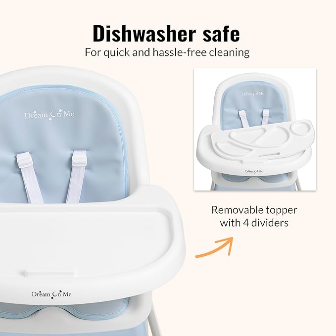 Dream On Me Curio Sit N Seek 3 in 1 Convertible Baby High Chair in Sky Blue, Removable and Adjustable Tray, Portable High Chair, Adjustable Legs, Detachable Footrest & 5 Point Safety Harness