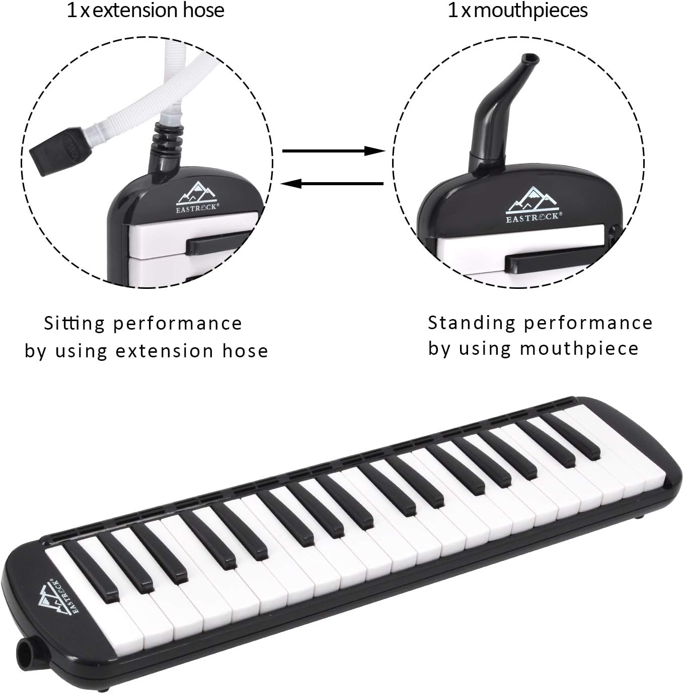 EastRock 37 Key Melodica Instrument Air Piano Keyboard Soprano style Pianica with Mouthpiece Tube Sets and Carrying Bag Black