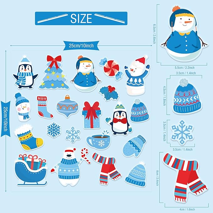 20 PCS Winter Thick Gel Clings for Christmas Window Decals Stickers - Home, Airplane, Classroom, Nursery Holiday Party Supplies Decorations for Kids, Toddlers and Adults