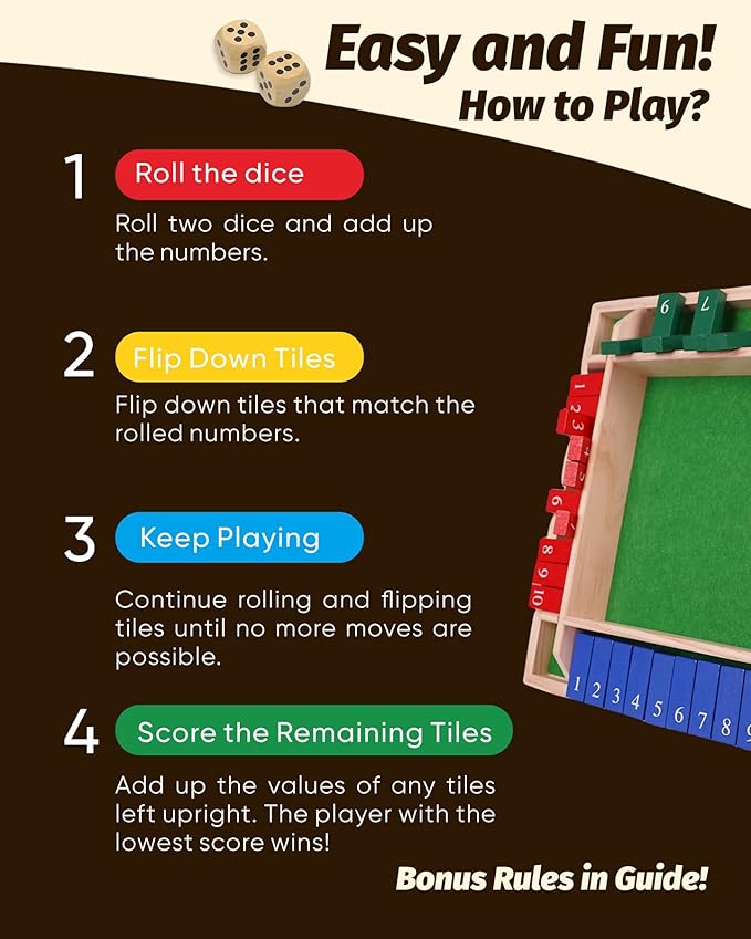 14" Deluxe Shut The Box Game, Math Dice Board Game for Family Night Classroom Travel, Wooden Table for Group Kid Adult Senior, Travel Party Bar, Easy Quick and Fun, 2-4 Players