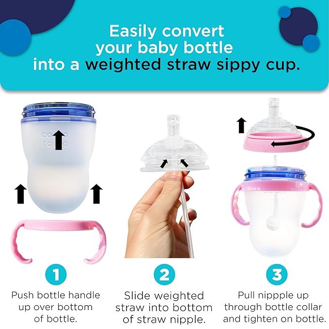 Botabee Straw Transition Cup Kit for Comotomo Baby Bottles | Conversion Kit Fits 5 & 8 Ounce Bottles | Soft, Silicone Straw Top Bottle Nipple & Weighted Straw to Help Baby - Pack of 2 (Pink)