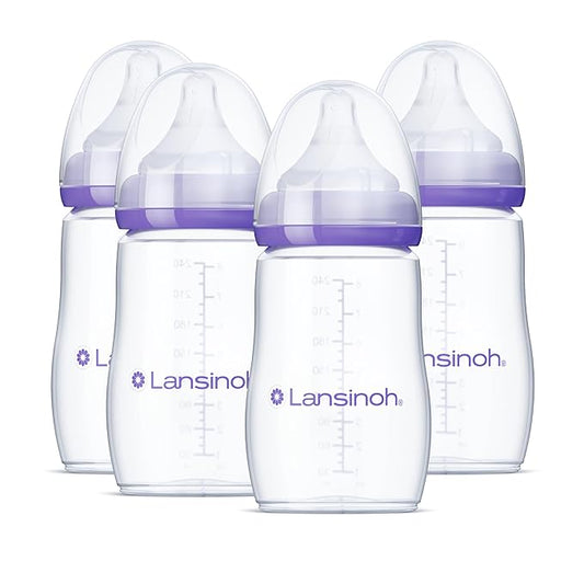 Lansinoh Anti-Colic Baby Bottles for Breastfeeding Babies, 8 Ounces, 4 Count, Includes 4 Medium Flow Nipples, Size M