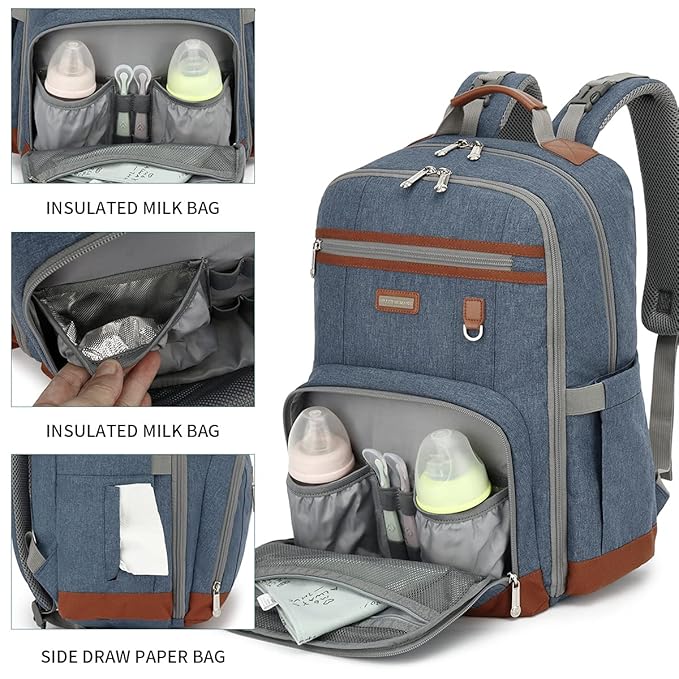 Diaper Bag Backpack, Large Baby Nappy Bags with Portable Changing Pad for Boys and GirlsMultifunction Travel Baby Bag for Moms Dads, Shower Gifts Waterproof and Stylish，Deep Blue