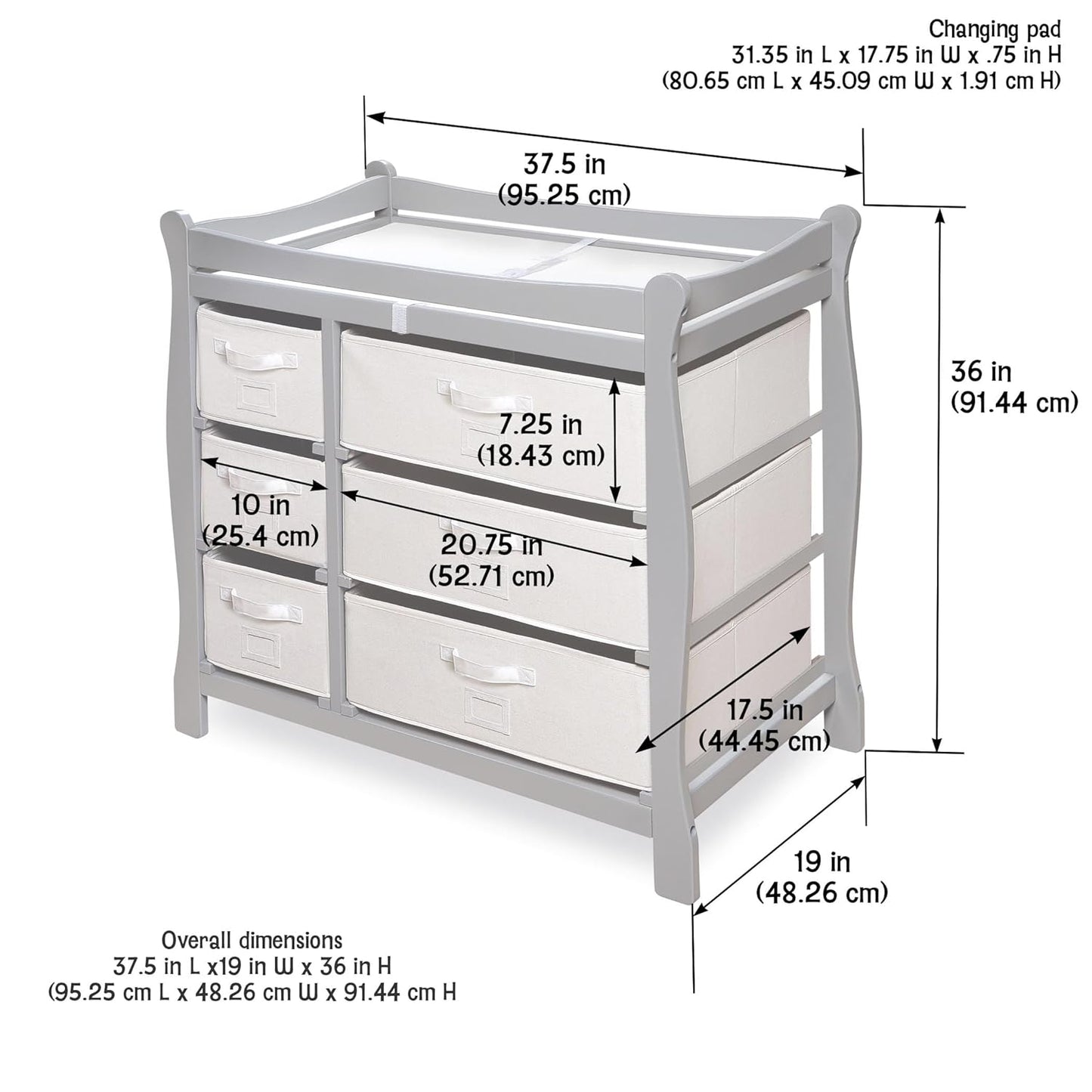 Badger Basket Sleigh Style Baby Changing Table - Diaper Station with 6 Removable Storage Baskets, Safety Rails, Pad, and Belt - Nursery Organizer - Gray/White