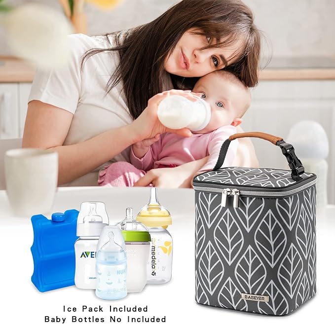 Breast Milk Cooler Bag with Ice Pack Fits 4 Baby Bottles Up to 9 Ounce, Baby Bottle Bag for Nursing Mom Daycare-Grey