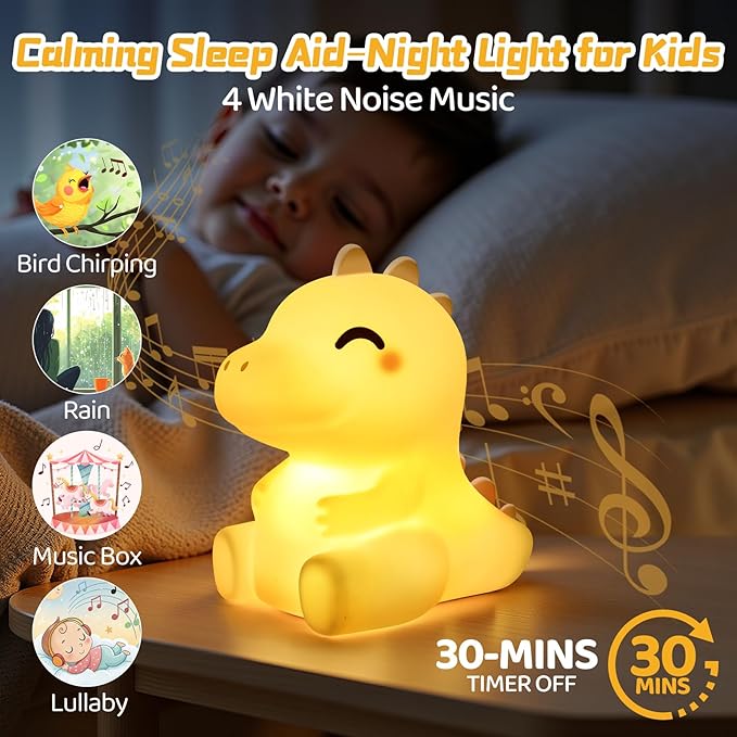 Mewaii Huggwaii Squishy Dinosaur Night Light for Kids, 4 White Noise Dimmable Silicone Kids Night Light, Long Battery Life Rechargeable Dinosaur Lamp,Toddler Nightlight,Boys & Baby Gifts Room Decor