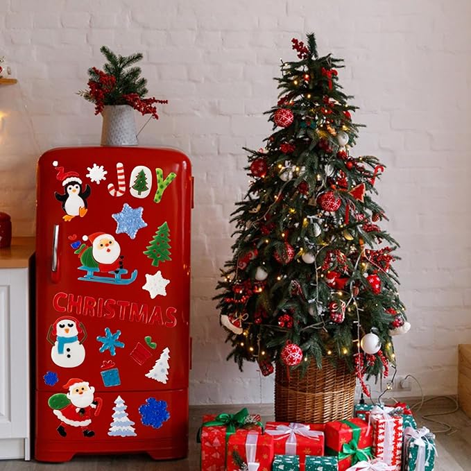 Christmas Window Clings Gel - 6 Sheets of Snowman, Blue Snowflakes, Penguin and Santa Claus, Winter & Holiday Designs for Glass Windows