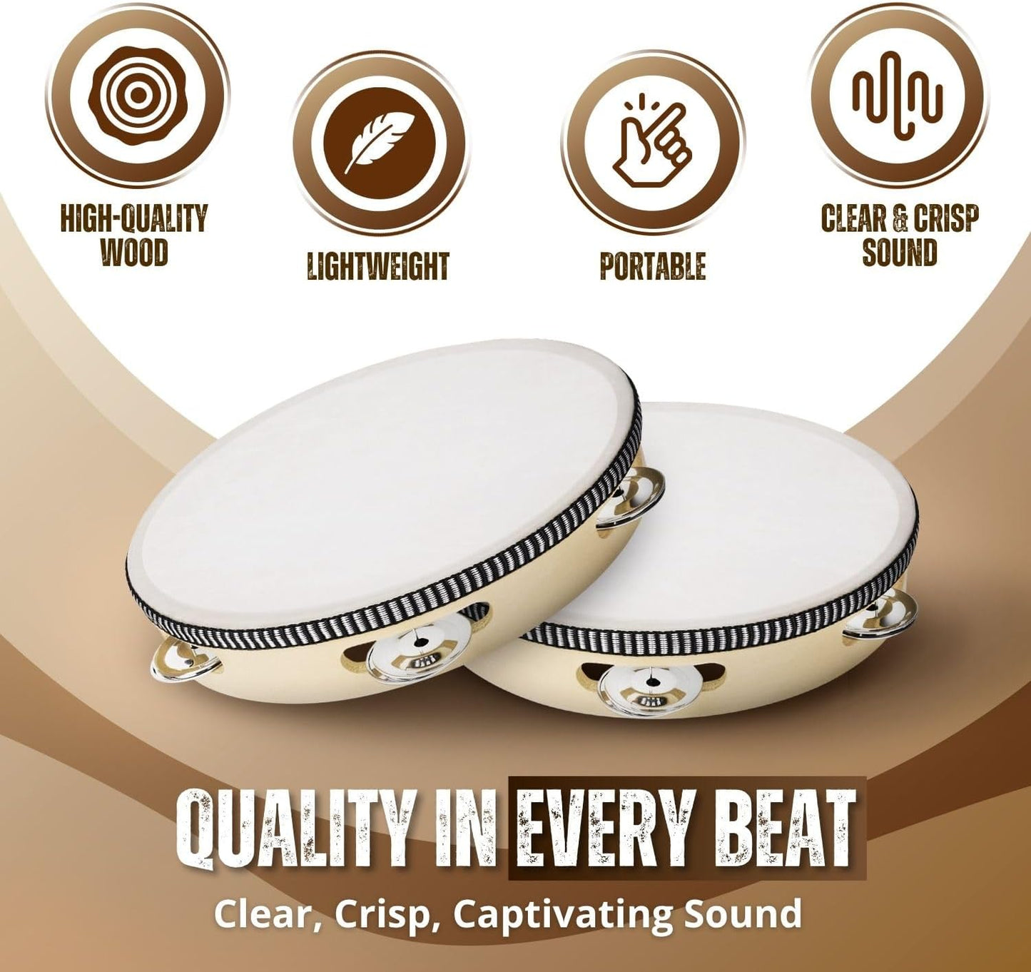 Flexzion Wooden Round Tambourine for Kids and Adults 6" Inch Single Row 8 Pair Jingles, Wood Handheld Percussion Instrument for Beginner and Professional Tambourine Player